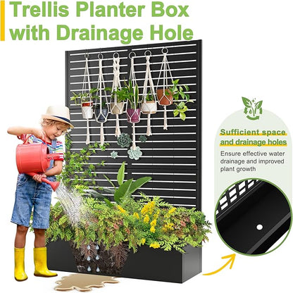 FENCY Metal Raised Garden Bed with Trellis, Metal Planter Box with Trellis, Garden Box for Climbing Plants Vegetable, 47" Lx16 Wx71 H Garden Bed with Drainage Holes(Black-Louvered)
