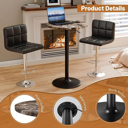 Flamaker Round Bistro Pub Table 23.6 Inch Height Adjustable 360° Swivel Bar Table Metal Base for Pub, Dining Room, Party (2, Marble-Black)