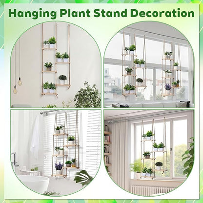 Novabright Window Hanging Plant Shelf with Wooden Shelves Macrame Rope Hanging Plant Stand with 3 S Hooks for Indoor Outdoor Bedroom Window Sill Balcony Boho Decor(Wood Color,2 Pcs)