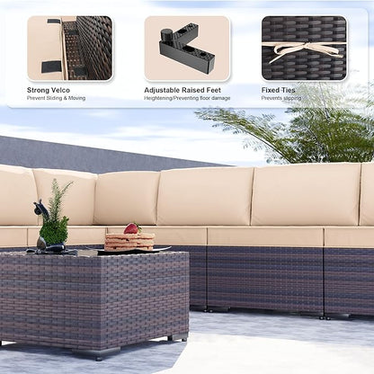 Kullavik 9 Pieces Outdoor Patio Furniture Set PE Wicker Rattan Sectional Sofa Patio Conversation Sets,Sand
