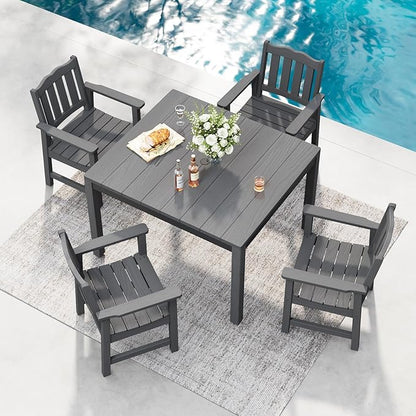 Stoog All-Weather Patio Dining Sets, 5 Pieces Outdoor HIPS Dining Table with Aluminum Frame, Patio Dining Table and 4 Chairs, Low Maintenance, Grey