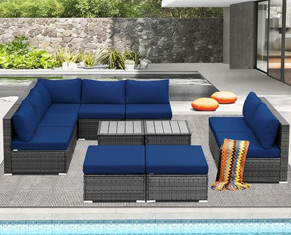 NICESOUL 11 Piece High-End Outdoor Furniture Set, 29.3'' High Back XL Big Size Wicker Patio Sectional, Wide Deep Comfy Conversation Sofas for Garden Deck Backyard Porch, 2 Color Cushion Navy & Grey
