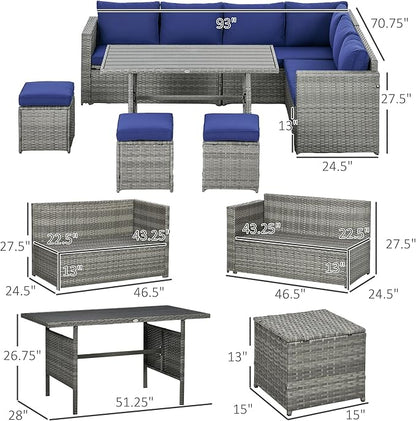 Outsunny Wicker Outdoor Patio Furniture Set, L-Shaped 7 Piece Outdoor Dining Sectional Sofa with Dining Table and Chair, Storage Loveseat, Ottomans and Cushions, Dark Blue