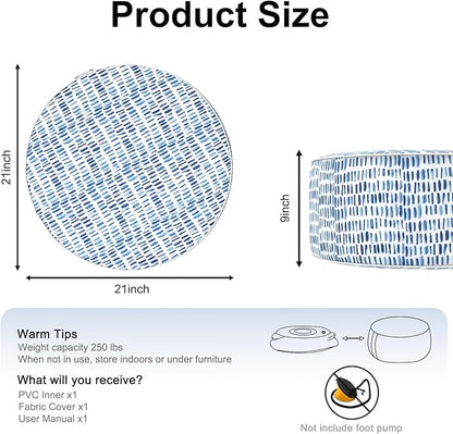 Inflatable Ottoman Stool D21 xH9 for Outdoor/Indoor Use, Water Repellent Patio Foot Rest Stool with Portable Handle,Round Pouf Ottoman Suitable for Garden,Deck and Camping - Pebble Blue