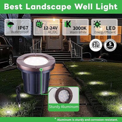 Landscape Well Light Kit, 8 Pack LED Low Voltage In Ground Lights and 100W Transformer and 100FT Cable and 30 Wire Connectors, IP67 Waterproof 12V Outdoor, Aluminum for Sidewalk Tree Path