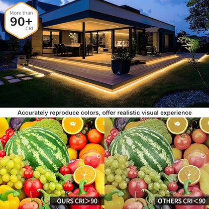 50ft COB Outdoor LED Strip IP67 Waterproof, 3000K Warm Whit DC24V Flexible LED Rope Strips with Remote & App Control Dimmable, DIY Lighting for Indoor, Outdoor, Bedroom, Garden, Patio