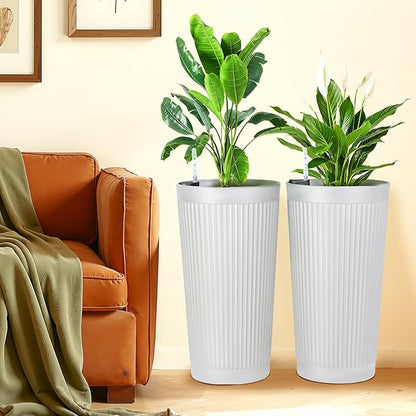 FENCY 2Pack 24IN Self Watering Planter for Indoor Plants, Plastic Large Planter for Outdoor Plants, Water Level Indicator& Spacious Reservoir Flower Planter Decorative(White)