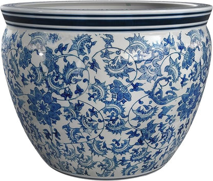 Red Lantern Large 18" Porcelain Fishbowl Blue & White Floral Planter or Cachepot for Indoor/Outdoor Use in Garden Entryway Living Room Boho Eclectic Modern Contemporary Classic Traditional Style Decor