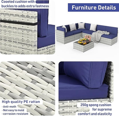 Pamapic 7 Piece Outdoor Sectional Sofa Set, All-Weather Patio Furniture with Washable Cushions, Waterproof Gray Rattan Wicker Conversation Set for Backyard, Poolside, Garden (Navy Blue Cushions)