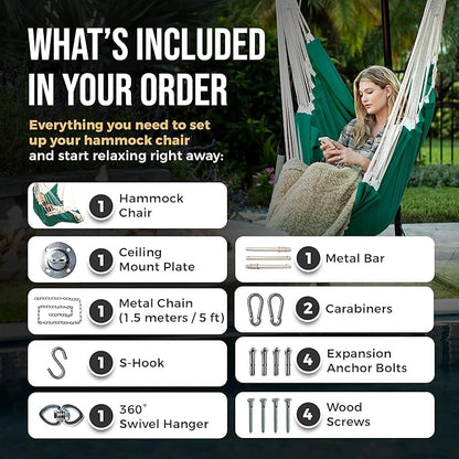 Hanging Hammock Chair Swing – Hanging Chair Outdoor & Indoor - Hammock Swing Chair – Quick & Easy Setup with Hardware Kit – Durable & Spacious Full Body Support – Holds 440 Lbs