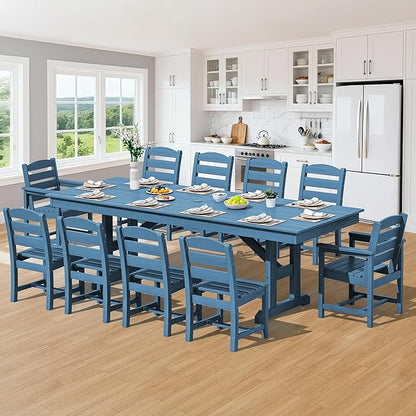 SERWALL 11 Piece Outdoor Dining Set, 84" HDPE Outdoor Table and Chairs for 10，All Weather Patio Furniture Set with Umbrella Hole for Backyard, Garden, Blue