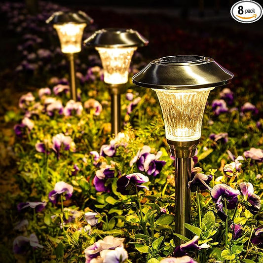 GIGALUMI Solar Pathway Lights, 8 Pack Solar Light Outdoor Waterproof, Glass Stainless Steel Automatic Solar Landscape Lights for Patio, Yard, Lawn, Driveway, Walkway (Warm White)