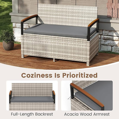 Outdoor Storage Bench with 46-Gallon Capacity and Grey PE Rattan Frame