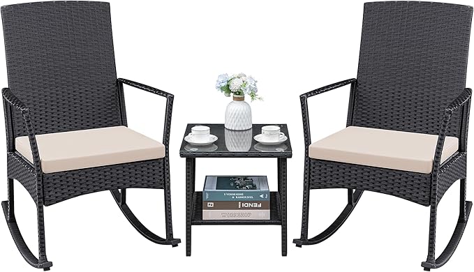 Conversation Set Outdoor Rattan Rocking Chairs with Coffee Table, Beige