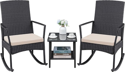Conversation Set Outdoor Rattan Rocking Chairs with Coffee Table, Beige