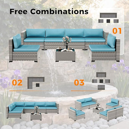 6-Seat Modular Patio Furniture Set – Outdoor Wicker Sectional Sofa with Thick 4″ Cushions, Dual-Strand PE Rattan, Rust-Resistant 18 mm Steel Frame, Backyard Garden Deck Lounge,Blue