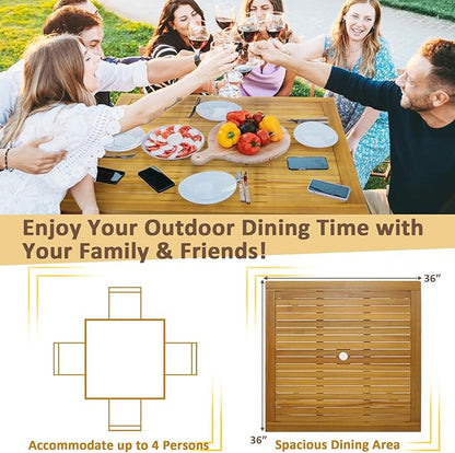 Tangkula 36" Square Outdoor Dining Table, Acacia Wood 4-Person Patio Dining Table with 1.9" Umbrella Hole, Farmhouse Patio Bistro Table, Indoor Outdoor Dining Furniture for Yard Deck Lawn