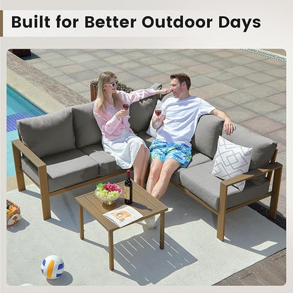 UDPATIO 6 Piece Patio Furniture Set, Faux Wood Metal Outdoor Sectional Sofa with 6" Thick Olefin Cushions, Wide Armrest & Coffee Table, L Shaped Outdoor Furniture for Garden, Backyard Dark Grey