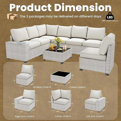 8 Piece Outdoor Patio Furniture Set, Outdoor Sectional Furniture, Rattan & Wicker Modern Modular Conversation Set Sofa Couch W/Water Resistant Washable Thick Cushions and Coffee Table, Beige