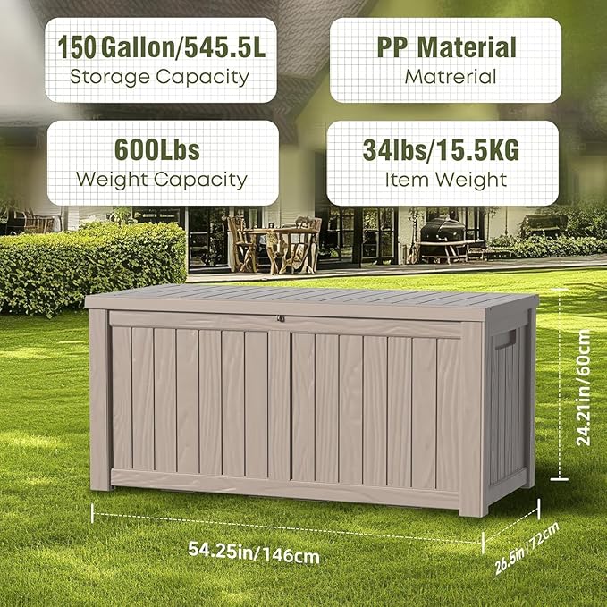 Deck Box 150 Gallon Grey Resin Lockable Waterproof Outdoor Storage