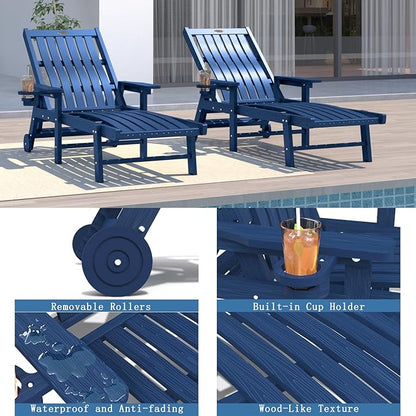 Patio Chaise Lounge Chair, Oversized Lounge Chair Outdoor with 5 Positions, HDPE, Patio Lounge Chair with Wheels & Cup Holder for Pool, Deck, Poolside,Navy Blue