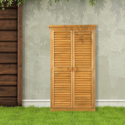 Outvita Outdoor Storage Cabinet, 63in Wooden Garden Tools Shed with 2 Lockable Doors, 3 Adjustable Shelves, Waterproof Roof for Yard Garge Patio Deck Porch, Natural