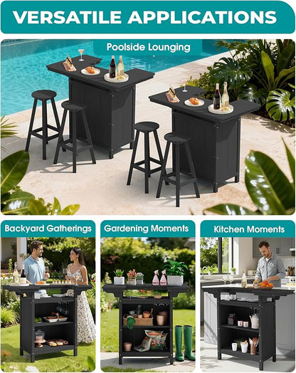 SERWALL Outdoor Bar Table,Patio Bar Cabinet with 4-Tier Storage and Spacious Tabletop for Outside,Poolside, Backyard,Made of HDPE,Black