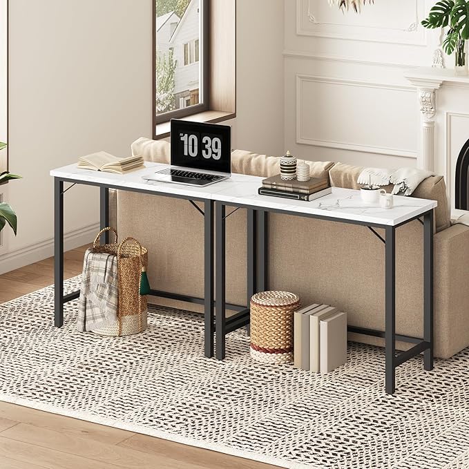 Narrow Bar Table, 63-Inch Pub Table for Dining Room, Counter Bar Tables with Sturdy Metal Frame, Connectable Bar Table, Multifunctional Console Table, Marble and Black BTHM1601