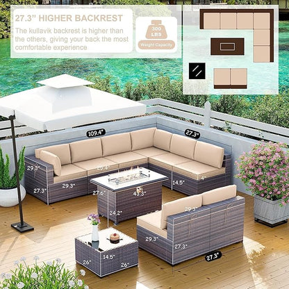 Kullavik 10 Pieces Outdoor Patio Furniture Set with 43" 55000BTU Gas Propane Fire Pit Table PE Wicker Rattan Sectional Sofa Patio Conversation Sets,Khaki