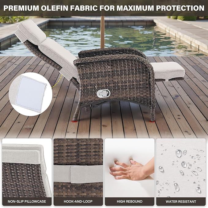 Belord Versatile Outdoor Recliner Chair Set of 3 - Reclining Patio Chair with Adjustable Backrest and Footrest, All-Weather Wicker Chaise Lounge Chair Outdoor with Side Table for Pool Deck Brown
