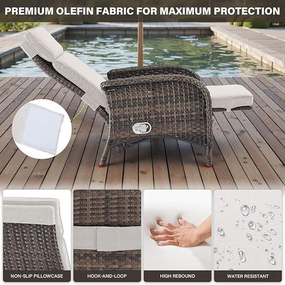 Belord Versatile Outdoor Recliner Chair Set of 3 - Reclining Patio Chair with Adjustable Backrest and Footrest, All-Weather Wicker Chaise Lounge Chair Outdoor with Side Table for Pool Deck Brown