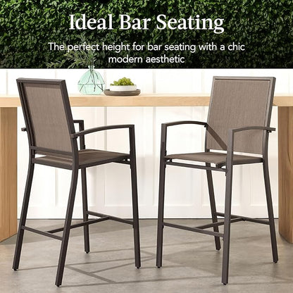 Best Choice Products Outdoor Bar Stools Set of 2, Bar Height, Patio Furniture, All Weather Mesh Design w/Armrest - Brown/Brown