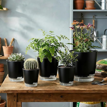 GARDIFE 2026 Upgraded Self Watering Plant Pots with Drainage Hole, 8/7/6.5/6/5.5/5/4 Inch Flower Planting Containers for House Plants, African Violet, Flowers, Cactus (Black, 8+7+6.5+6+5.5+5+4 inch)