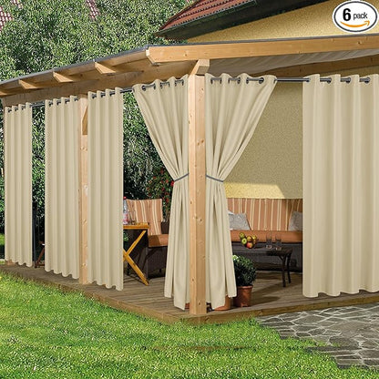 HolidayIdeas Outdoor Curtains for Patio Waterproof, 6 Panels - 54x95 Inches - Weatherproof Privacy Outsides Curtains for Cabana Porch Pergola, Sunlight & UV Blocking (Cream, Grommet Top)