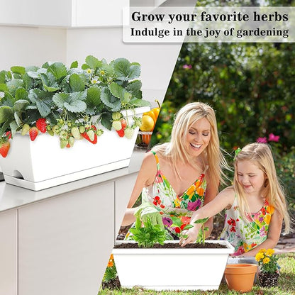 8pcs Rectangle Window Boxes Planters, 17 Inches Long Window Sill Planter Box Outdoor, Plastic Rectangular Window Flower Herb Pots Indoor with Drainage Holes and Trays for Garden Windowsill