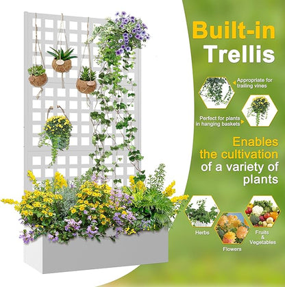 FENCY Metal Raised Garden Bed with Trellis, Planter Box with Trellis, Garden Box for Climbing Plants Vegetable, 35''Lx16''Wx71''H Metal Garden Bed with Drainage Holes(White)