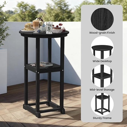 Ciokea 3-Pcs Bistro Table and Chairs, All-Weather Round High Top Bar Table with Storage Shelf and 2 Oversized Adirondack Chairs, Heavy Duty Outdoor Bar Set Patio Bistro Set for Balcony Deck, Black