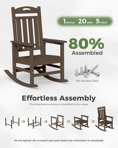 Outdoor Rocking Chair, Brown, 30-Inch High Back, 380 lb Capacity