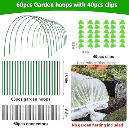 60pcs Garden Hoops for Raised Beds Wide, 8ft Greenhouse Hoops Grow Tunnel for Row Cover Netting, Adjustable Fiberglass Rust-Free Garden Bed Plant Hoops Support DIY Frame Stake for Outdoor, 40pcs Clips
