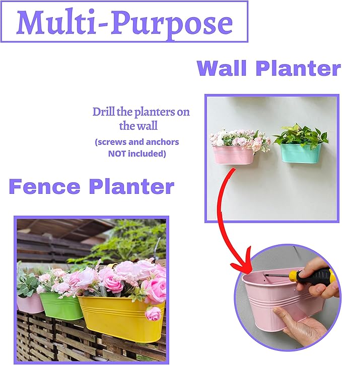 LaLaGreen Rail Planter Outdoor Plants (6 Pack, 9.8 Inch) Small and Cute Metal Iron Strawberry Hanging Flower Pot Deck Railing, Colorful Mini Fence Bucket Wall Mount Window Box Plant Holder Porch Decor