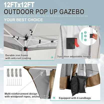 COBIZI 12x12 Pop up Gazebo on Clearance Canopy Tent, carpas para Patio, Outdoor Canopy with Portable Carrying Bag for Vendor, Outdoor Patio Gazebo for Garden, Backyard,Beach, Brown
