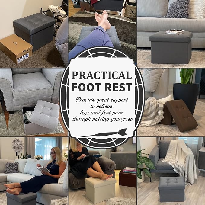 LINMAGCO Small Storage Ottoman Stool Foot Rest Stool Under Desk Stool Short Folding Ottoman Linen Cloth Dark Gray 17X13X13IN