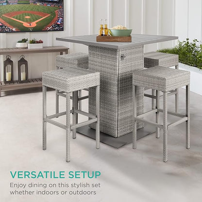 Best Choice Products 5-Piece Outdoor Wicker Bar Table Set for Patio, Poolside, Backyard w/Built-in Bottle Opener, Hidden Storage Shelf, Metal Tabletop, 4 Stools - Gray