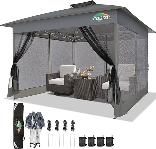COBIZI Gazebo 13x13 Pop Up Canopy, Gazebos on Clearance - Canopy Tent with Mosquito Netting for Lawn, Garden, Backyard & Patio - Carpas para Patio- Water Resistant and UPF50+ (Gray)