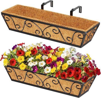 2pcs 24 Inch Window Deck with Coco Liner, 24" Window Boxes Horse Trough with Coconut Coir Liner, Metal Hanging Flower Planter Window Basket Deck Railing Planter Boxes for Outdoor Indoor Lawn