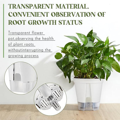 Self Watering Pots for Indoor Plants with Deep Reservoir and High Drainage Holes for Outdoor Plants and Flowers, Bare Root Planter(4.72'', 5.91'', 7.09'',White,9 Pcs)