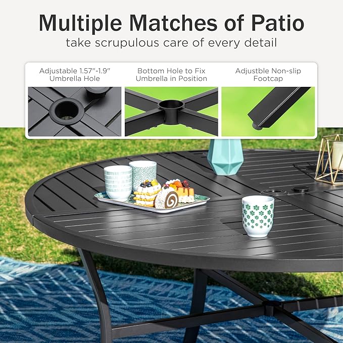 PHI VILLA 7 Pieces Outdoor Dining Set for 6, 54" Round Black Metal Table with Umbrella Hole & Wrought Iron Chairs, Large Outside Furniture with Blue Cushions & Pillows for Patio, Deck, Porch