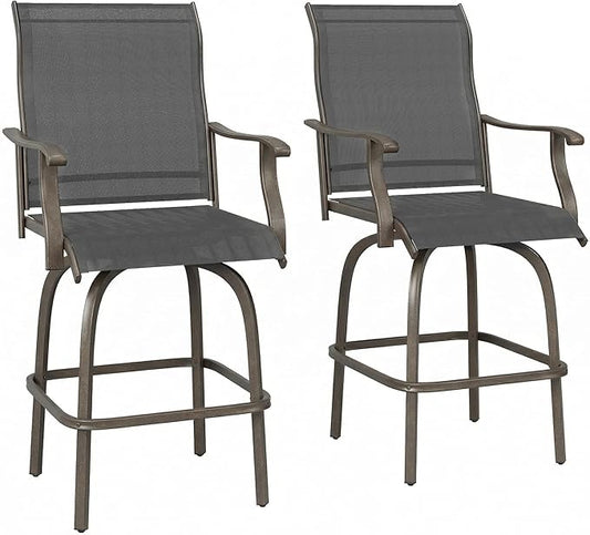Outsunny Set of 2 Outdoor Swivel Bar Stools with Armrests, Bar Height Patio Chairs with Steel Frame for Balcony, Poolside, Backyard, Black
