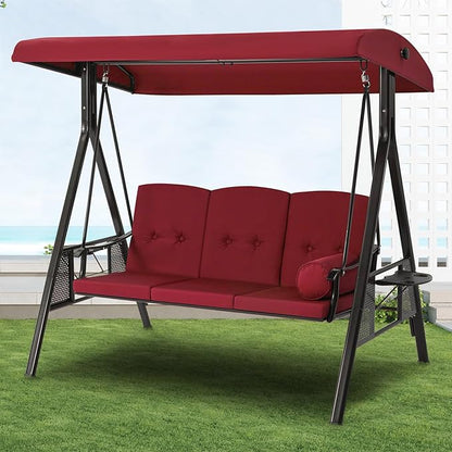 U-MAX 3-Seat Porch Swing Chair Steel Frame, Patio Swing Chair with Stand and Removable Cushions, Outdoor Canopy Swing Chair for Outside, Backyard, Garden, Burgundy Cushion