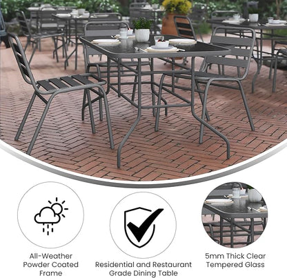 Flash Furniture Tory 31.5" x 55" Rectangular Tempered Glass Metal Table with Umbrella Hole, Silver